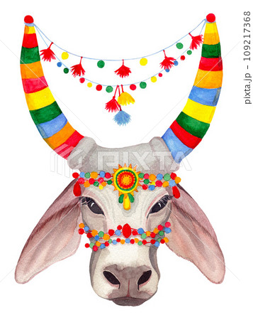 Indian Traditional holy Cow. Pongal. Watercolor hand drawn art illustration on white background. For cards, handmade textiles, prints, menus, poster 109217368
