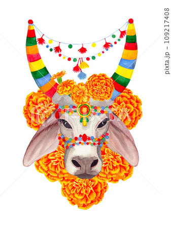 Indian traditional holy cow in yellow and orange marigold flowers. Pongal. Watercolor artistic illustration on a white background. For cards, handmade textiles, prints, menus, posters 109217408