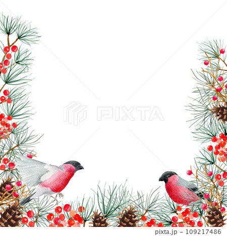 A squirrel sits on tree branches with pine cones. Watercolor art illustration on a white background. For cards, handmade textiles, prints, menus, posters 109217486