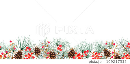 Endless border, pattern with viburnum berries, rowan berries, pine and spruce branches, cones. Watercolor art illustration on a white background. For cards, handmade textiles, prints, menus, posters. Endless border, pattern with viburnum berries, rowan berries, pine and spruce branches, cones. Watercolor art illustration on a white background. For cards, handmade textiles, prints, menus, posters. 109217533