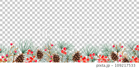 Endless border, pattern with viburnum berries, rowan berries, pine and spruce branches, cones. Watercolor art illustration on a white background. For cards, handmade textiles, prints, menus, posters. Endless border, pattern with viburnum berries, rowan berries, pine and spruce branches, cones. Watercolor art illustration on a white background. For cards, handmade textiles, prints, menus, posters. 109217533
