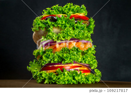 Set of sandwiches in pitas with fresh salmon, ham, vegetables, salad. Homemade sandwiches. Healthy fast food. On a wooden board Set of sandwiches in pitas with fresh salmon, ham, vegetables, salad. Homemade sandwiches. Healthy fast food. On a wooden board 109217817