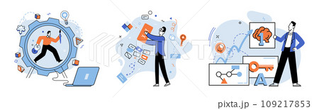 Business idea. Vector illustration. Creative thinking fuels imagination, allowing entrepreneurs to envision new possibilities and carve unique path in business world Strategy is compass guides Business idea. Vector illustration. Creative thinking fuels imagination, allowing entrepreneurs to envision new possibilities and carve unique path in business world Strategy is compass guides 109217853