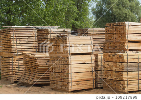 Wood stack storage timber wooden materials lumber pile industry forest outdoor warehouse stock 109217899