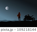 Silhouette of a woman parking a motorcycle on a hill looking at the moon. 109218144