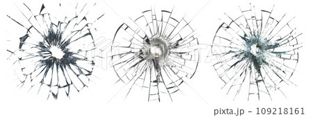 Set of holes in glass on a transparent background in PNG format. Close-up of a different bullet holes in the glass, cracks spreading out in different directions. Overlay for design or project. Set of holes in glass on a transparent background in PNG format. Close-up of a different bullet holes in the glass, cracks spreading out in different directions. Overlay for design or project. 109218161