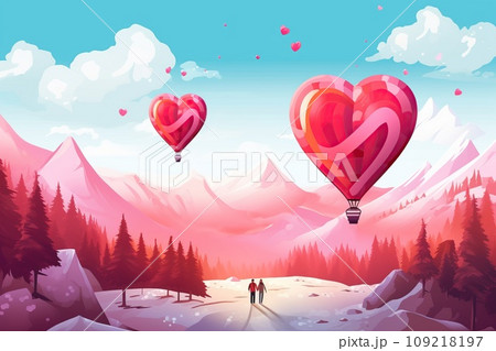 Hot air balloon ride for two, with colorful balloons and a scenic landscape below. Valentine's day Hot air balloon ride for two, with colorful balloons and a scenic landscape below. Valentine's day 109218197