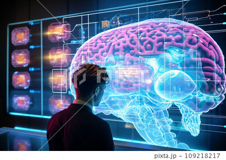 Realistic brain scan, neural activity, neon colors Realistic brain scan, neural activity, neon colors 109218217