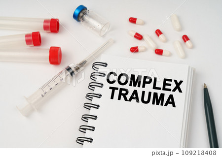 On the table are pills, injections, a syringe and a notepad with the inscription - complex trauma On the table are pills, injections, a syringe and a notepad with the inscription - complex trauma 109218408