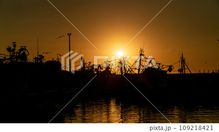 Essaouira port during sunset with silhouettes of traditional Moroccan fishing boats. The air is filled with the scent of saltwater and sounds of seagulls, creating a lively maritime atmosphere. 109218421