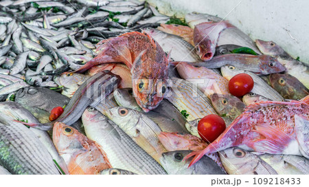 Stall at the Essaouira fish market with a variety of fresh seafood. Fishermen skillfully clean and prepare the catch, offering the coastal traditions that define Essaouira's culinary culture. 109218433