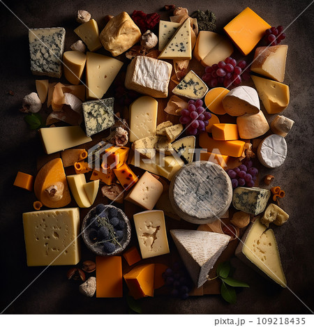 Background cheeses, appetizing tasty pieces and slices of different cheeses on black, flatley, culinary background for packaging design and advertising, brie, kalembert, maasdam, gouda, edam, dor blue 109218435