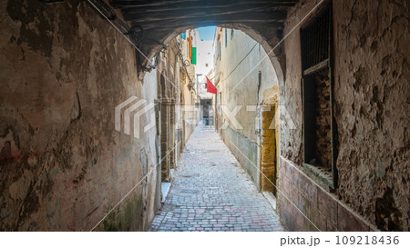 Historic narrow road in medina district of Essaouira old town, Morocco Historic narrow road in medina district of Essaouira old town, Morocco 109218436