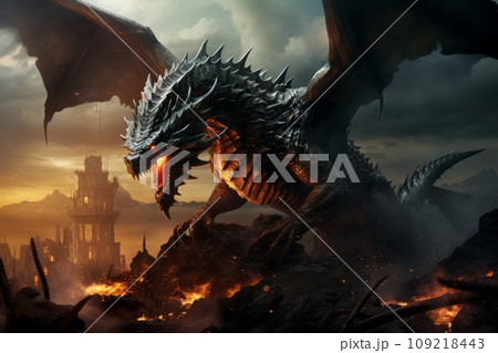 An imposing dragon unleashes a fiery breath against a backdrop of destruction. Generative AI 109218443