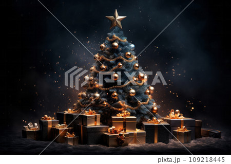 A Christmas tree with gold decorations and presents is lit up in a dark space. Generative AI 109218445