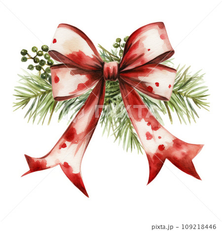 A festive bow with a red and white pattern, surrounded by evergreen foliage and green berries. Generative AI 109218446
