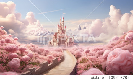 A fabulous pink castle with a path of lush flowers and cotton candy clouds 109218705
