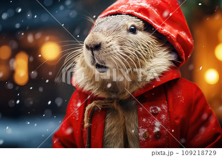 Capybara dressed as Santa Claus walks through a snowy city 109218729