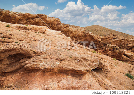 Bizarre forms in the arid terrain of the Charyn Canyon in the steppes of Central Asia 109218825
