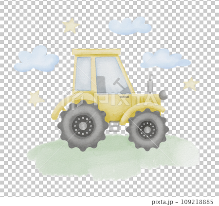 Tractor Watercolor illustration. Hand drawn clipart of baby toy on isolated background. Truck drawing for prints on a boys t-shirt. Agrimotor car sketch for wall art stickers and greeting cards. 109218885