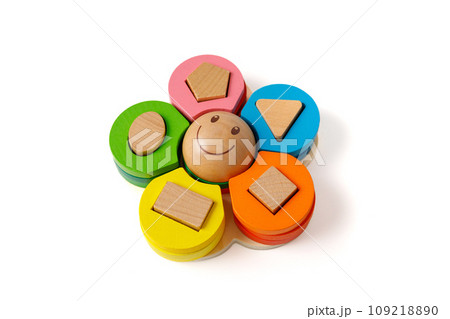 Montessori puzzle toy with colorful blocks of different shapes for children of primary preschool age, isolated on white background Montessori puzzle toy with colorful blocks of different shapes for children of primary preschool age, isolated on white background 109218890