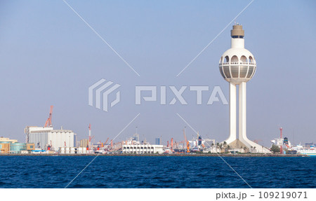 Jeddah Islamic Seaport seaside view with white traffic control tower 109219071