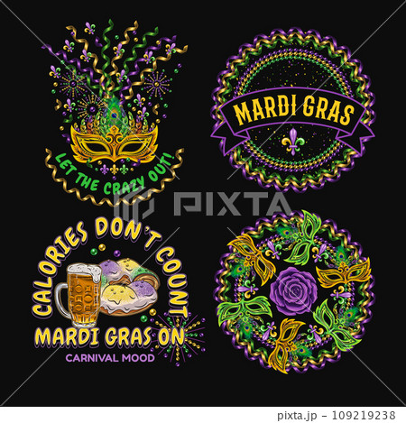 Carnival Mardi Gras labels with masquerade mask, holiday food, party streamers, beads, text. Vintage illustrations on black background. For prints, clothing, t shirt, holiday goods, stuff design Carnival Mardi Gras labels with masquerade mask, holiday food, party streamers, beads, text. Vintage illustrations on black background. For prints, clothing, t shirt, holiday goods, stuff design 109219238