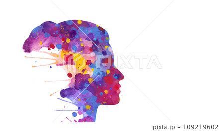 Illustration of human head silhouette with abstract watercolor splashes 109219602