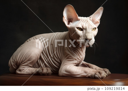 Portrait of a cute cat looking away. Don Sphynx breed cat 109219814