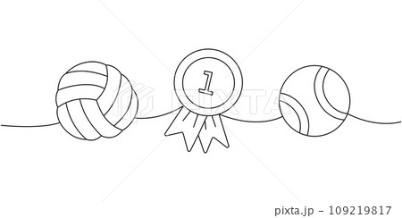 Set of pet supplies. Dog ball toy, first place medal, tennis ball, pet toy continuous one line illustration. Vector linear illustration. Set of pet supplies. Dog ball toy, first place medal, tennis ball, pet toy continuous one line illustration. Vector linear illustration. 109219817