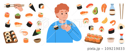 Sushi and rolls set. Japanese cuisine, traditional food. Tobiko maki, philadelphia roll, onigiri, shrimp nigiri, tekkamaki tuna, futomaki, sake temaki 109219833