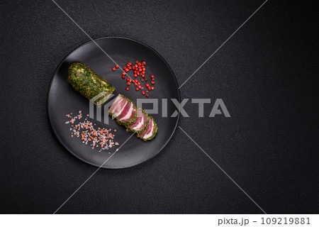 Delicious fresh bacon stripes with spices and salt 109219881