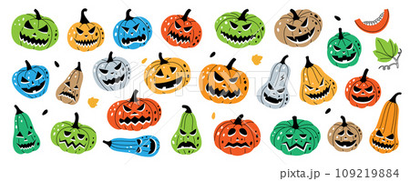 Pumpkins with scary faces set. Autumn halloween pumpkins faces. Autumn halloween vegetables. Vector illustration. 109219884