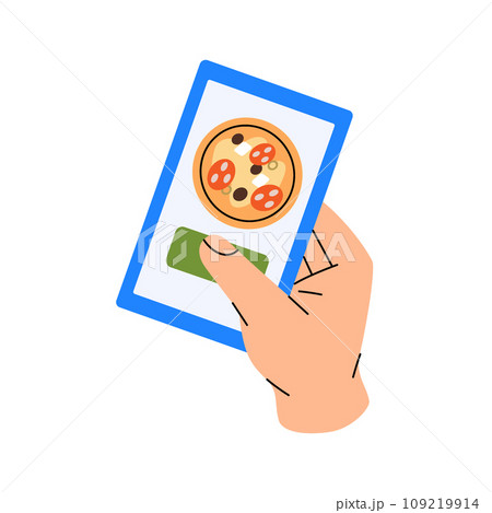 Hand holding a phone with pizza app. Traditional italian fast food. Vector illustration. Hand holding a phone with pizza app. Traditional italian fast food. Vector illustration. 109219914