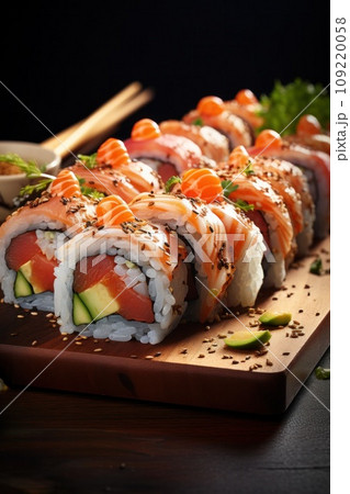 dish of sushi rolls beautifully arranged on a traditional Japanese wooden platter 109220058