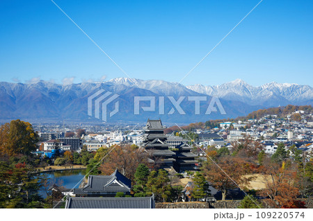 紅葉の松本城と冠雪の北アルプス　松本市役所よりの景観 109220574