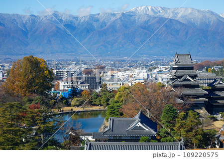 紅葉の松本城と冠雪の北アルプス　松本市役所よりの景観 109220575