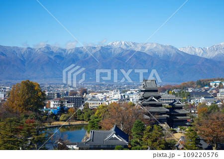 紅葉の松本城と冠雪の北アルプス　松本市役所よりの景観 109220576
