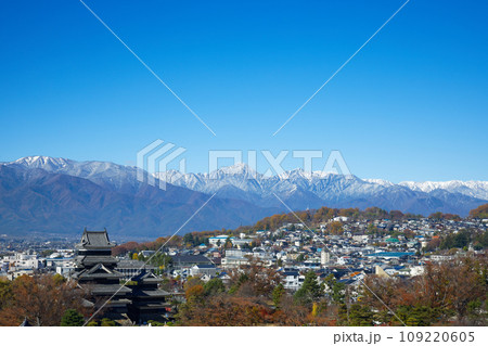 紅葉の松本城と冠雪の北アルプス 松本市役所よりの景観 紅葉の松本城と冠雪の北アルプス 松本市役所よりの景観 109220605