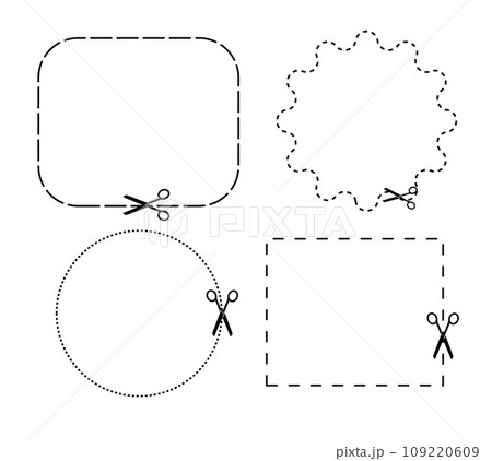 Cut here line icon pack symbol. Suitable for coupon, ticket, and cropping area marker. Scissor cutting line symbol. Vector 109220609