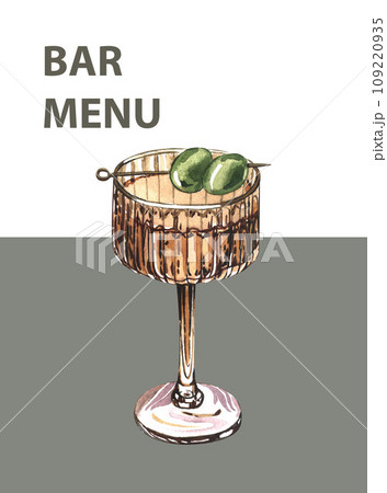 Cocktail martini with an olive in glass. Watercolor hand-drawn illustration isolated on white background. Perfect for recipe alcoholic lists with drinks, brochures for cafe, bar 109220935