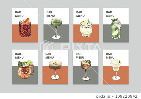 Cocktail glasses set: espresso martini, gin, margarita, moscow mule, liquor and mojito. Alcohol drinks for bar menu, brochures for cafe. Watercolor hand-drawn illustration isolated on white background 109220942