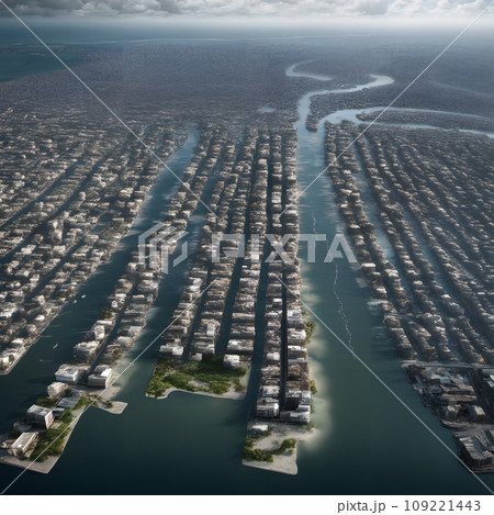 A city flooded by sea level rise. A city flooded by sea level rise. 109221443