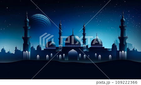 Moonlit mosque, Ramadan celebration in full swing Moonlit mosque, Ramadan celebration in full swing 109222366