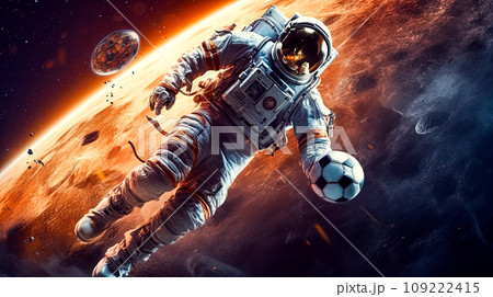 an astronaut kicks a football across the rusty terrain 109222415