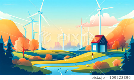 Green energy in action, Turbines turn amidst lush fields Green energy in action, Turbines turn amidst lush fields 109222896