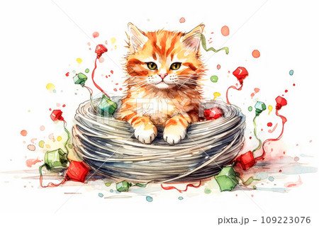 watercolor masterpiece adorable kitten amidst Christmas decorations 109223076