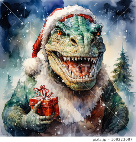 watercolor portrayal of a dinosaur donning a Santa suit watercolor portrayal of a dinosaur donning a Santa suit 109223097