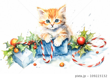 watercolor masterpiece adorable kitten amidst Christmas decorations 109223132
