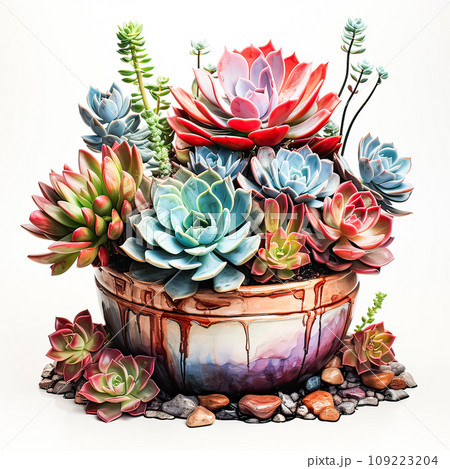 Succulent symphony in watercolor a potted oasis of vibrant hues 109223204